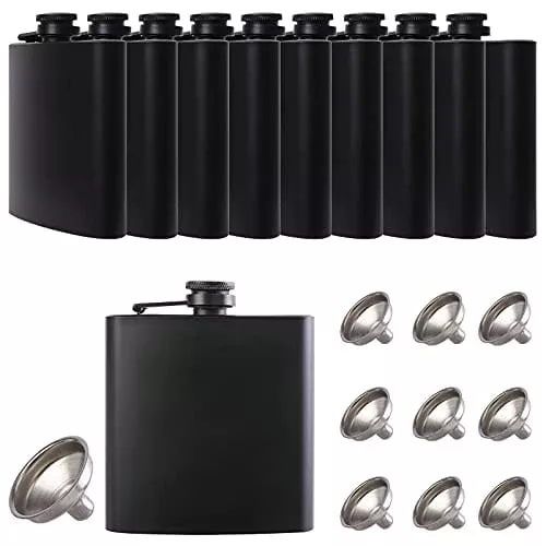 10 pcs Hip Flask for Liquor Matte Black 6oz Stainless Steel Leakproof with 10 pcs Funnel for Camping, Wedding Party