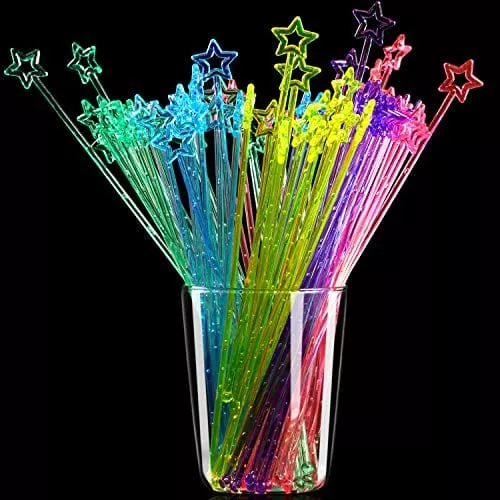 100-pieces-9-1-inch-swizzle-sticks-cocktail-stirrers-plastic-bar-disposible-plas 100 Pieces 9.1 Inch Swizzle Sticks Cocktail Stirrers Plastic for Bar Disposible Plastic Star Top Crystal Swizzle Sticks (Multicolor)
