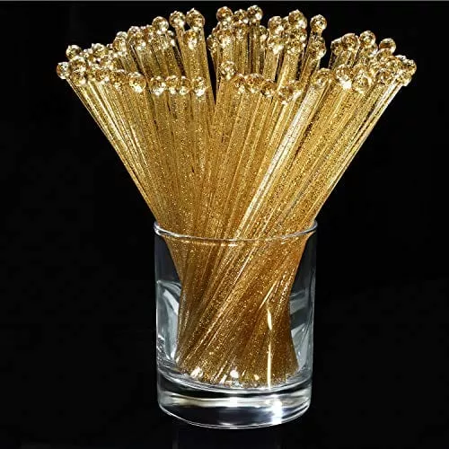 100-pieces-gold-cake-lolipop-sticks-disposible-plastic-cocktail-coffee-drink-sti 100 Pieces Gold Cake Lolipop Sticks Disposible Plastic Cocktail Coffee Drink Stirrers Glitter Crystal Round Top Swizzle Stir Sticks