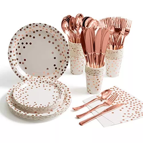 175-pieces-rose-gold-party-supplies-rose-gold-dot-on-white-paper-plates-napkins- 175 Pieces Rose Gold Party Supplies - Rose Gold Dot on White Paper Plates and Napkins Cups Silverware Serves 25 Sets for Wedding Bridal Shower Engagement Birthday Parties