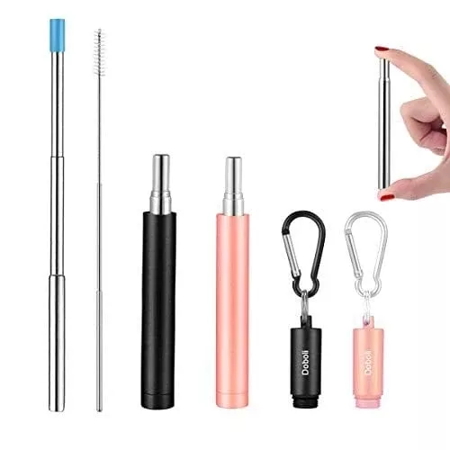 2-pack-reusable-metal-straws-collapsible-stainless-steel-drinking-straw-portable 2 Pack Reusable Metal Straws Collapsible Stainless Steel Drinking Straw Portable Telescopic Straw with Case Black/Rose Gold