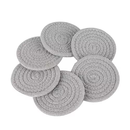 6 Pcs Updated Drink Coaster Set, Cup Coasters for Drink, Absorbent Drink Coasters for Wooden Table，Handmade Drink Coasters for Coffee Table, Round Cotton Coasters, Heat-Resistant Coasters(4.3 inches)