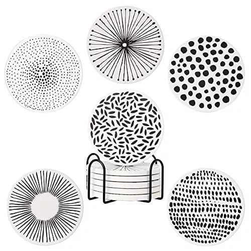 Absorbent Coasters for Drinks with Holder Set of 6, Ceramic Stones with Mix Patterns Suitable for House Decor, Living Room, Outdoor Coasters, Birthday, Housewarming by TDTOK