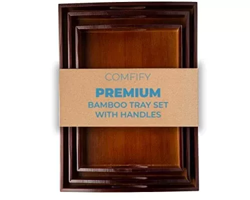 Bamboo Serving Trays with Handle – Set of 3 Wooden Trays That Nest – Large, Medium and Small Tray for Food, Ottoman Décor & More – Bamboo Trays for Breakfast - Brown