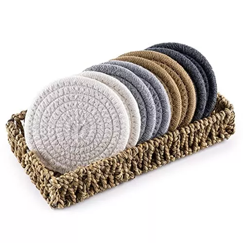 coasters-drink-absorbent-handmade-woven-coasters-set-8-with-seagrass-basket-hold Coasters for Drink Absorbent, Handmade Woven Coasters Set of 8 with Seagrass Basket Holder, Heat-Resistant Coaster for Table Protection, Boho Fabric Coasters Suitable for Kinds of Cups, Wooden Table
