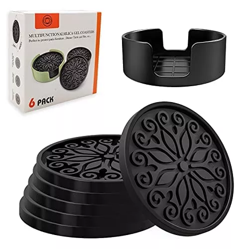 coasters-drinks-coasters-drinks-absorbent-with-holder-set-6-silicone-furniture-t Coasters for Drinks, Coasters for Drinks Absorbent with Holder, Set of 6 Silicone Furniture Tabletop Protection Coaster for Wooden Table, Coffee Table, Glass, Sandstone, Marble, Farmhouse (Black)
