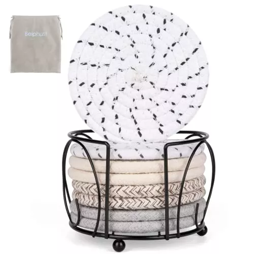 coasters-drinks-set-8-belphust-absorbent-drink-coaster-set-with-holder-bag-4-5-i Coasters for Drinks Set of 8,Belphust Absorbent Drink Coaster Set with Holder&Bag, 4.5 inches Handmade Woven Coaster for Table Protection,Best Housewarming Gifts,Room Decor,Bar,Party