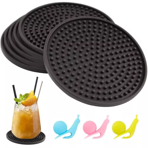 coasters-drinks-silicone-coasters-6-set-non-slip-cup-coasters-heat-resistant-cup Coasters for Drinks, Silicone Coasters 6 Set Non-Slip Cup Coasters, Heat Resistant Cup Mate Fits Any Size of Drinking Glasses, Soft Coaster for Tabletope Protection, Furniture from Damage (Black)