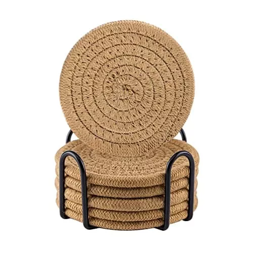 coasters-drinks-with-holder-vintage-woven-coasters-table-protection-water-absorb Coasters for Drinks with Holder, Vintage Woven Coasters for Table Protection, Water Absorbent Coaster Set, Handmade Braided Fabric Coasters Heat-Resistant (Brown, 6)