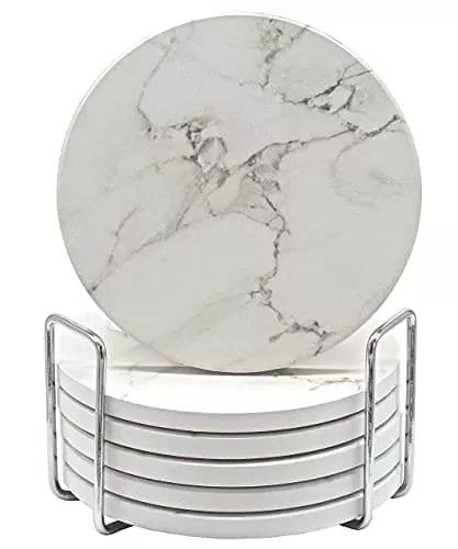 cotidiano-round-absorbent-coasters-drinks-6pcs-ceramic-coaster-set-with-holder-w COTIDIANO Round Absorbent Coasters for Drinks - 6pcs Ceramic Coaster Set with Holder - White Marble Coaster Design with Non Slip Cork Base