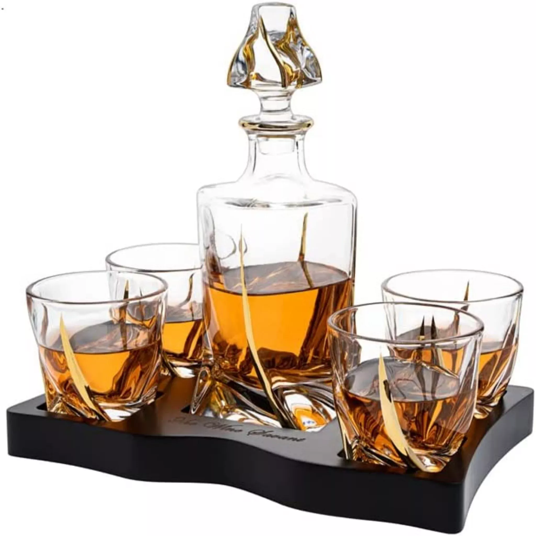 European Style Gold Wine & Whiskey Gold Twist Spiral Decanter 855ml with 4 Glasses & Wood Tray Set by The Wine Savant