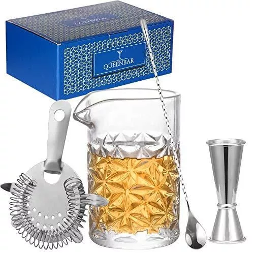 LESI Classic Cocktail Mixing Glass Set Crystal Stirring Glass Bartender Kit 4-Piece with Spoon, Strainer, Jigger