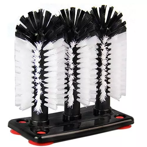 Water Bottle Cleaning Brush Glass Cup Washer with Suction Base 3 Head Bristle Brush for Beer Cup, Long Leg Cup, Red Wine Glass and More Bar Kitchen Sink Home Tools