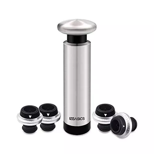 wine-stoppers-ezbasics-wine-saver-pump-with-wine-bottle-stoppers-stainless-steel Wine Stoppers EZBASICS Wine Saver Pump with Wine Bottle Stoppers, Stainless Steel Pump + 4 Wine Stoppers