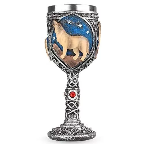 wolf-goblet-stainless-steel-resin-3d-wine-chalice-goblet-cup-kitchen-party-hosti Wolf Goblet Stainless Steel, Resin 3D Wine Chalice Goblet Cup Kitchen Party Hosting Decorative Holiday Souvenirs (Brown)